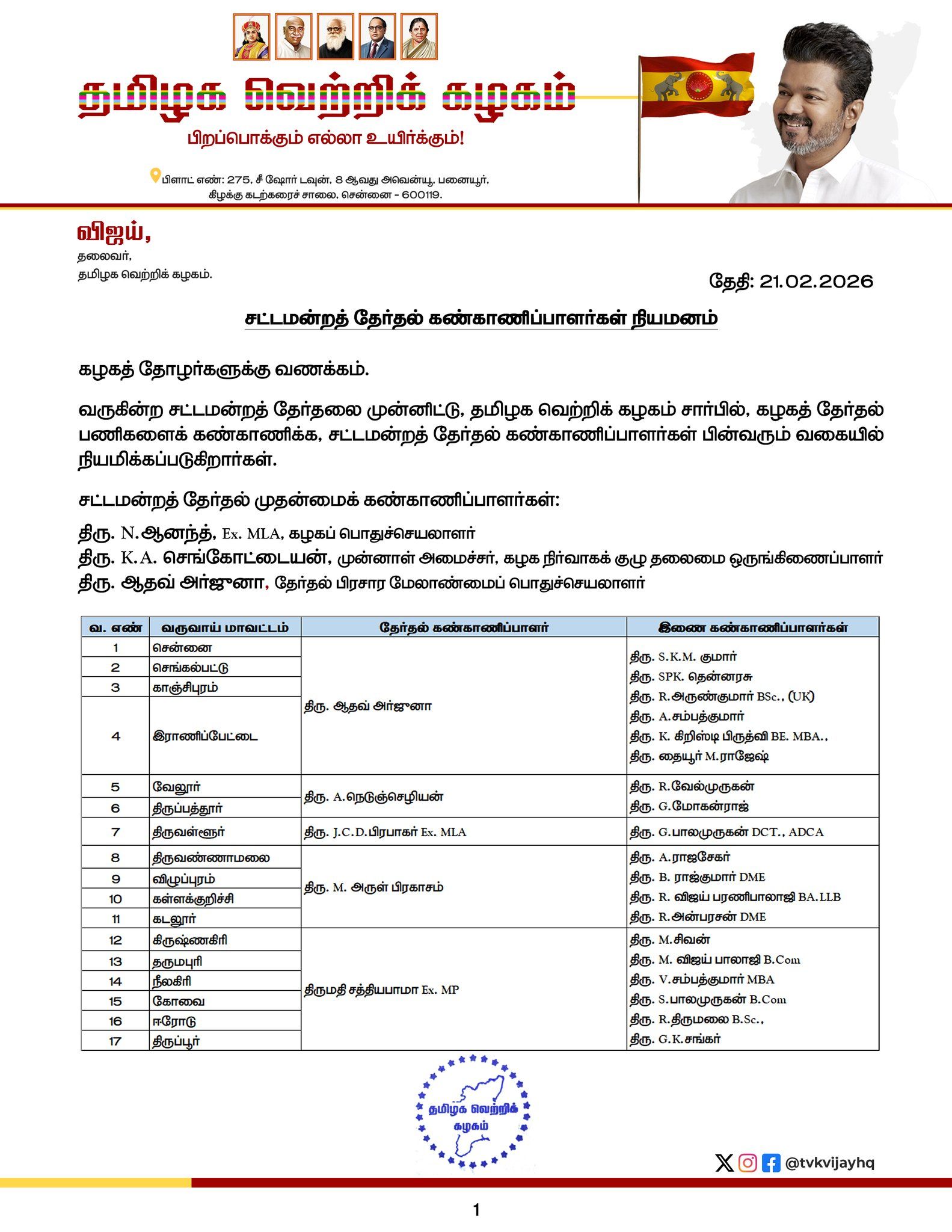 2026-ஐ வெல்ல தேர்தல் கண்காணிப்பாளர்களை நியமித்த விஜய்!