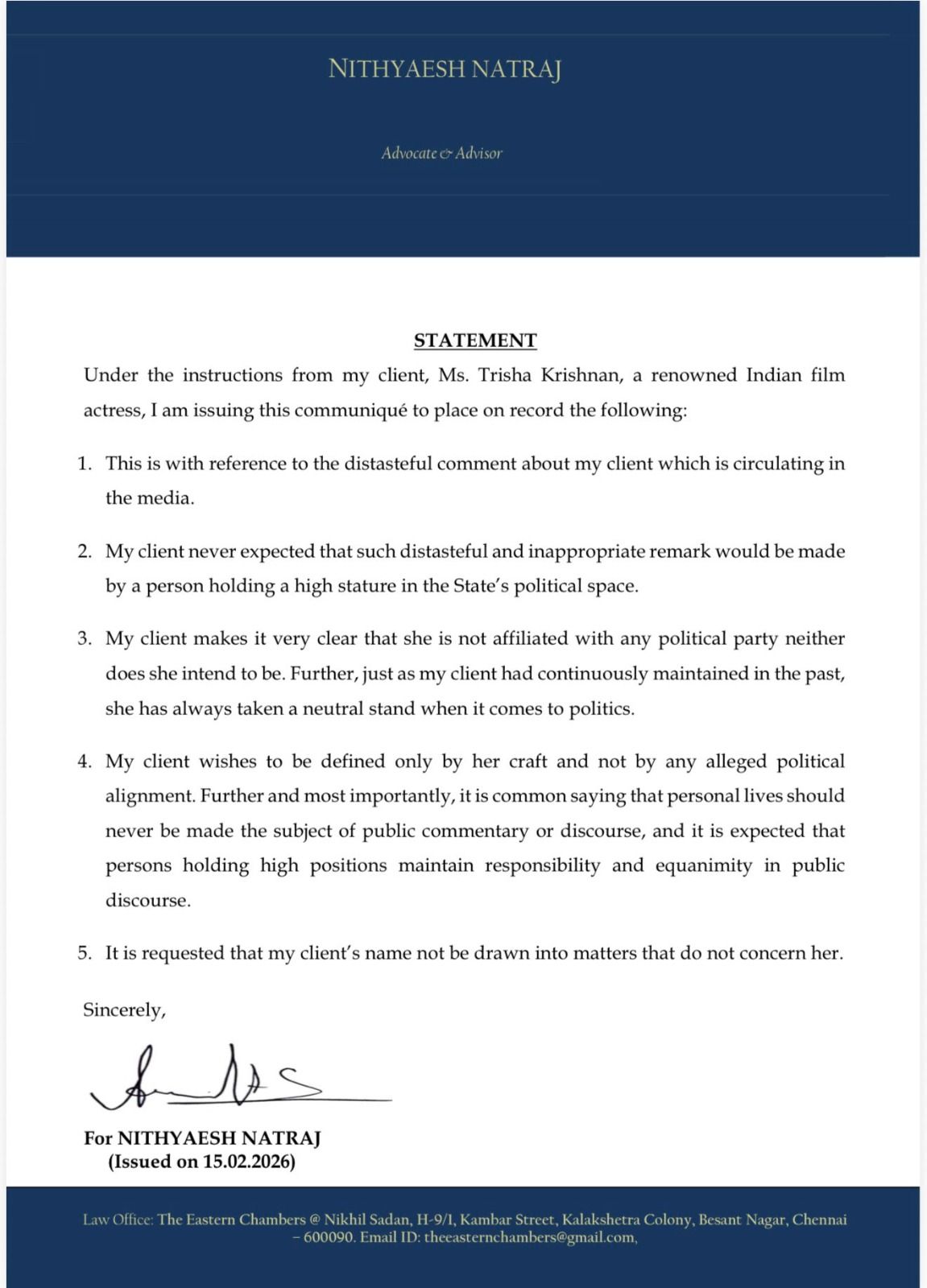 என்னை இழுக்காதீர்கள்! - நயினார் நாகேந்திரனுக்கு நடிகை திரிஷா கொடுத்த 'நோஸ்கட்' பதில்