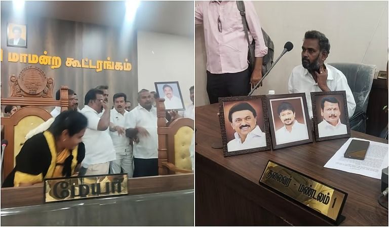 கரூரில் பரபரப்பு: விஜய் படம் அருகே ஸ்டாலின் படம்... சுத்தியலோடு மேடையேறி அதிமுக கவுன்சிலர்கள் ரகளை!